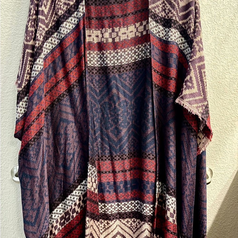 Free People Geometric Knit Shawl in Navy, Burgundy & Cream